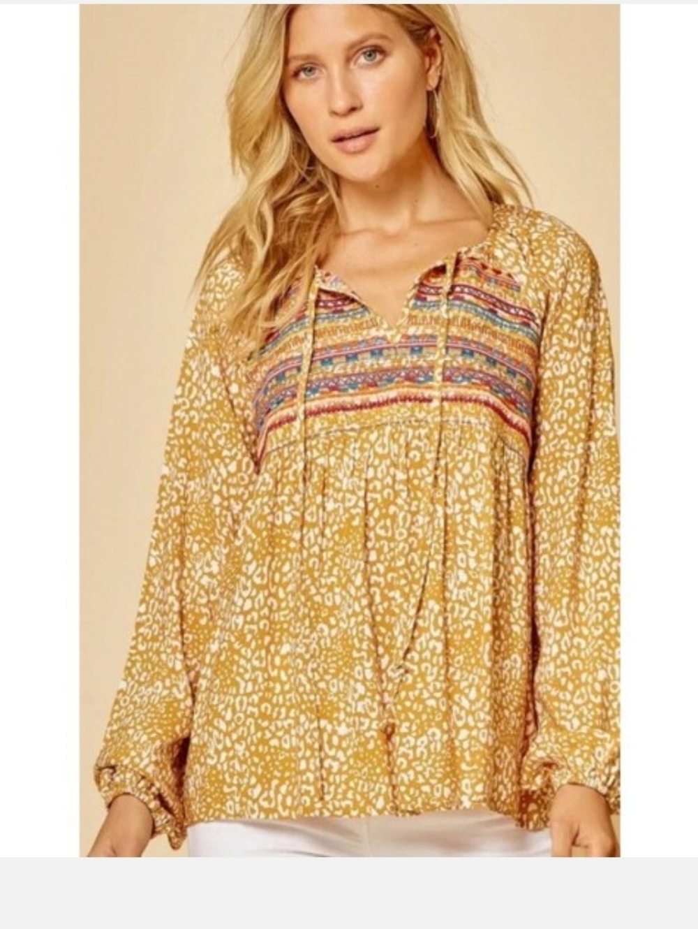 Savanna Jane Mustard Embroidered Animal-Print Peasant Tunic